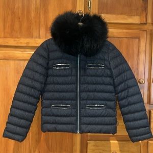 The Kooples Heather Black Wool/Cashmere Down Jacket with Detachable Fur Collar